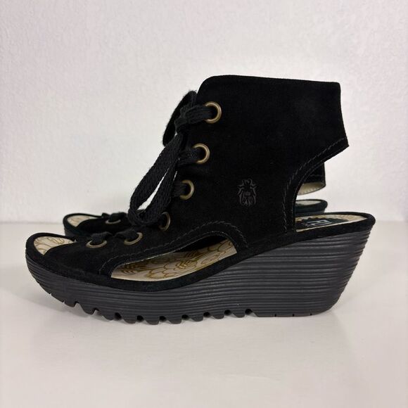 Fly London Black Suede Cutout Side & Open Toe Wedge Sandals Size 10-10.5 - Picture 1 of 12